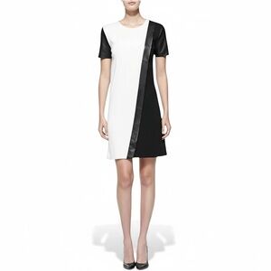 ST. JOHN Milano Caviar Leather Colorblock Sheath Dress Caviar Cream Wool $1,295